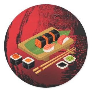 Chic Modern Elegant Black & Red Sushi Party Event Classic Round Sticker