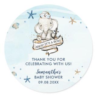 Chic Nautical Cute Elephant Boy Baby Shower Favor Classic Round Sticker