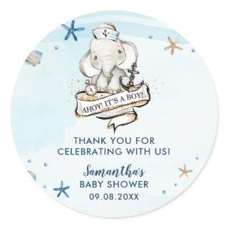 Chic Nautical Cute Elephant Boy Baby Shower Favor Classic Round Sticker