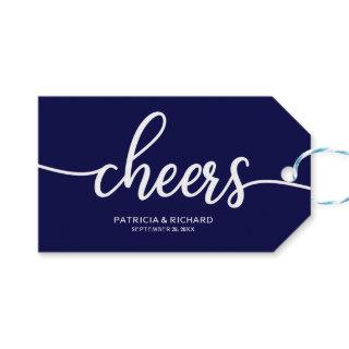 Chic Navy Blue Calligraphy Cheers Wine Bottle Tags
