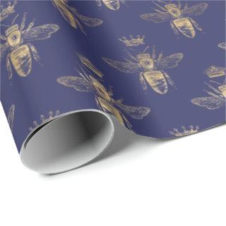 Chic Navy Blue Gold Queen Bee Pattern