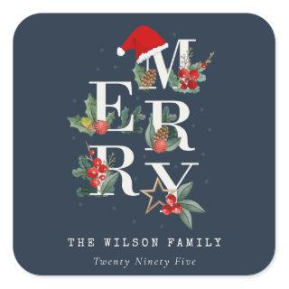 Chic Navy Red Green White Merry Christmas Foliage Square Sticker