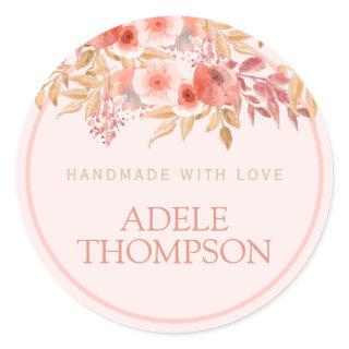 Chic Peach Golden Floral Handmade With Love Classic Round Sticker