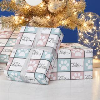 Chic Pink and blue paw print Christmas pattern