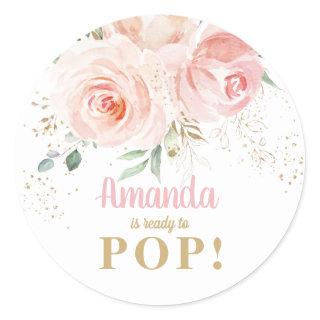 Chic Pink Floral Baby Shower About Ready to Pop Classic Round Sticker