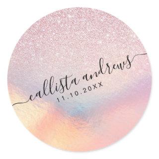 Chic Pink Glitter Iridescent Holographic Gradient Classic Round Sticker