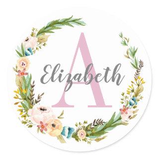 Chic Pink Watercolor Floral Wreath Monogrammed Classic Round Sticker