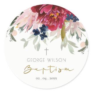 Chic Red Burgundy Blush Blue Gold Floral Baptism Classic Round Sticker
