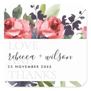 CHIC RED ROSE PEONY FLORAL LOVE AND THANKS WEDDING SQUARE STICKER