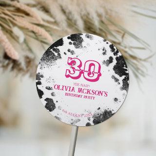 Chic Rustic Cow Print Hot Pink 30th Birthday Party Classic Round Sticker