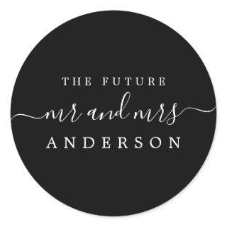 Chic Script Future Mr Mrs Black Wedding Classic Round Sticker