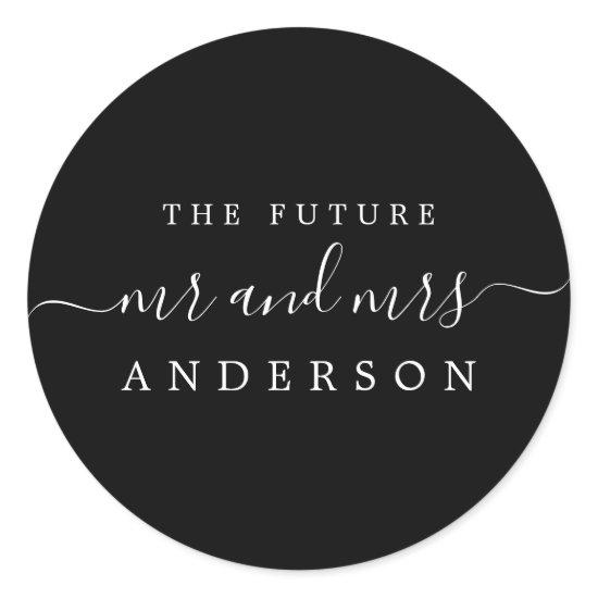 Chic Script Future Mr Mrs Black Wedding Classic Round Sticker