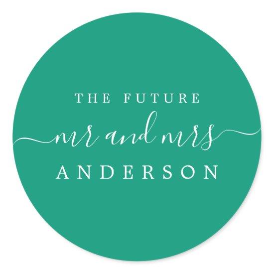 Chic Script Future Mr Mrs Emerald Green Wedding Classic Round Sticker