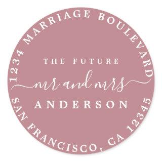 Chic Script Future Mr Mrs Return Address Purple Classic Round Sticker