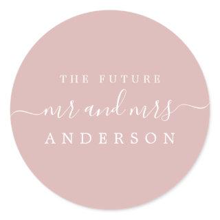 Chic Script Future Mr Mrs Silver Pink Wedding Classic Round Sticker