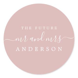 Chic Script Future Mr Mrs Silver Pink Wedding Classic Round Sticker