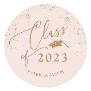 Chic Script Graduation Festive Rose Gold Glitter Classic Round Sticker