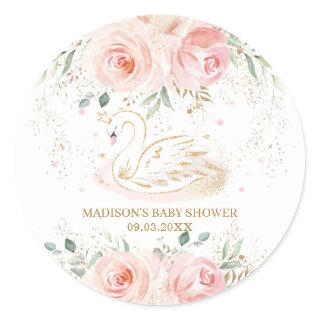 Chic Swan Blush Pink Floral Baby Shower Birthday  Classic Round Sticker
