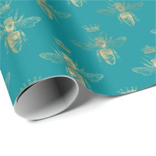 Chic Teal Gold Queen Bee Pattern