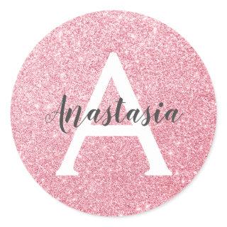 Chic & Trendy Rose Gold Glitter Sparkles Monogram Classic Round Sticker