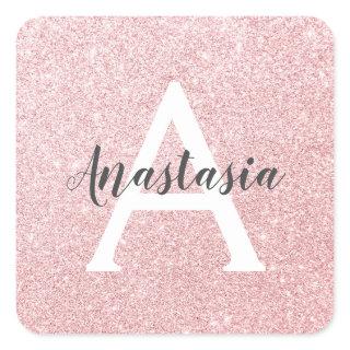 Chic & Trendy Rose Gold Glitter Sparkles Monogram Square Sticker