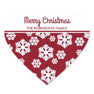 Chic White Snowflakes Nordic Pattern on Dark Red Heart Sticker