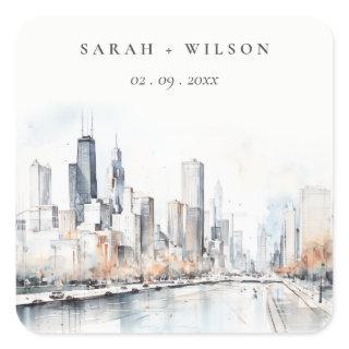 Chicago, Illinois City Scape Watercolor Wedding Square Sticker