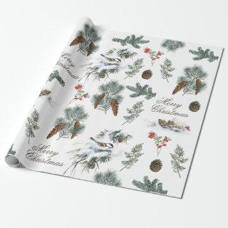 Chickadee Bird Evergreen Pinecone Merry Christmas