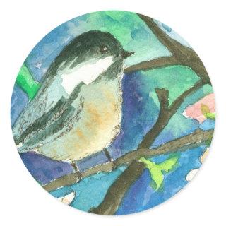 Chickadee Birds Tree Branches Watercolor Painting Classic Round Sticker