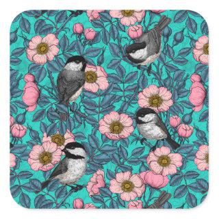 Chickadees in the wild rose, pink and blue square sticker