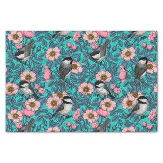 Chickadees in the wild rose, pink and blue tissue paper