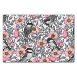 Chickadees in the wild rose, pink and gray tissue paper
