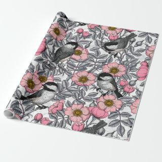 Chickadees in the wild rose, pink and gray