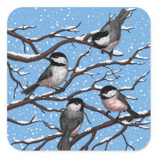 Chickadees in winter square sticker