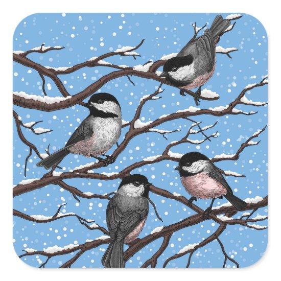 Chickadees in winter square sticker