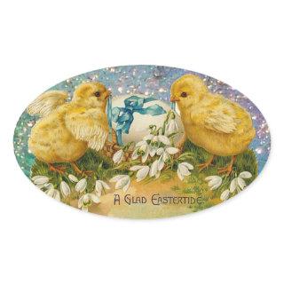 CHICKENS,FLOWERS ,EASTER EGG IN GOLD BLUE SPARKLES OVAL STICKER