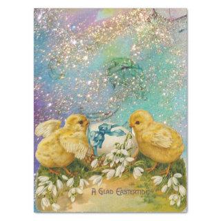 CHICKENS, SNOWDROPS AND EASTER EGG WITH BLUE BOW TISSUE PAPER