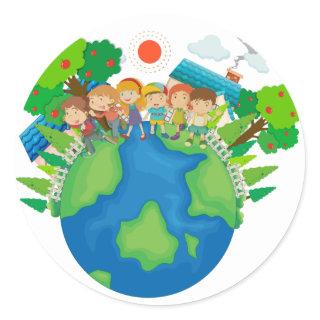 Children standing around the world classic round sticker