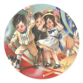 Children US Flag Dog Fireworks Firecracker Classic Round Sticker