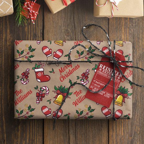 Child's Name Vintage Christmas Kraft Wrapping Pape