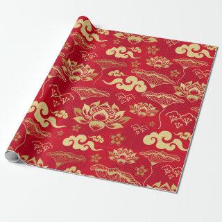 Chinese Lotus Oriental Asian Red Floral Pattern