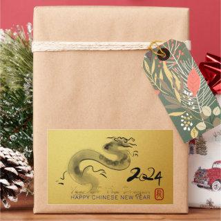 Chinese New Year Dragon Original Painting Gold SqS Rectangular Sticker