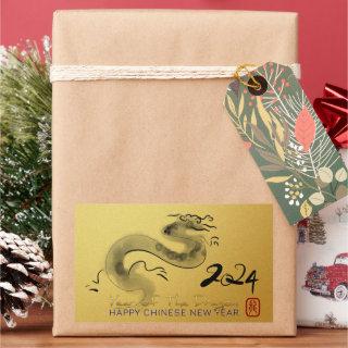 Chinese New Year Dragon Original Painting Gold SqS Rectangular Sticker