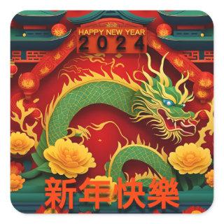 Chinese New Year Green Dragon 2024 Origami SqS01 Square Sticker