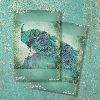 Chinese Peacock Feather Aqua Blue Gold Decoupage Tissue Paper