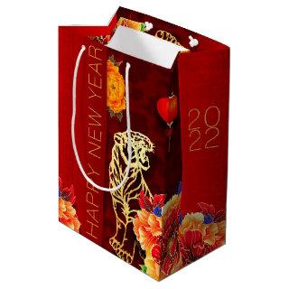 Chinese Tiger paper-cut Peonies New Year 2022 MGB1 Medium Gift Bag