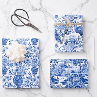 Chinoiserie Blue & White Pagodas Ginger Jars Birds  Sheets