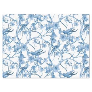 Chinoiserie Floral Bird Dusty Blue White Decoupage Tissue Paper
