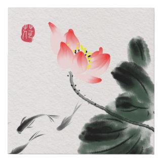 Chinoiserie Freehand Watercolor Lotus Flower Fish Faux Canvas Print