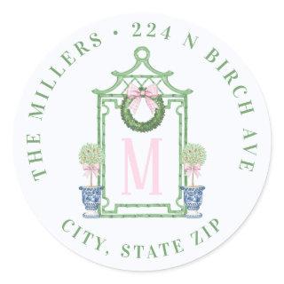 Chinoiserie Pagoda Christmas Return Address Classic Round Sticker